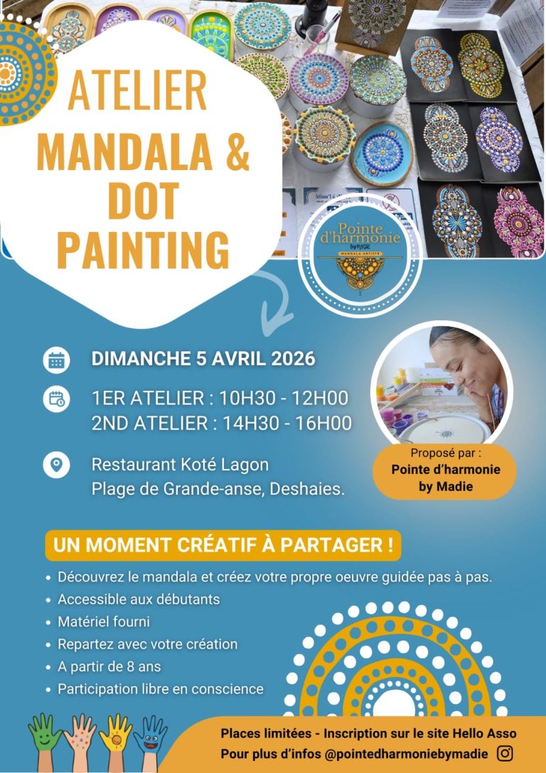 Atelier Mandala & Dot Painting le 5 avril 2026 au restaurant Koté Lagon à Grande Anse Deshaies avec deux sessions créatives guidées pour apprendre la technique du mandala.
