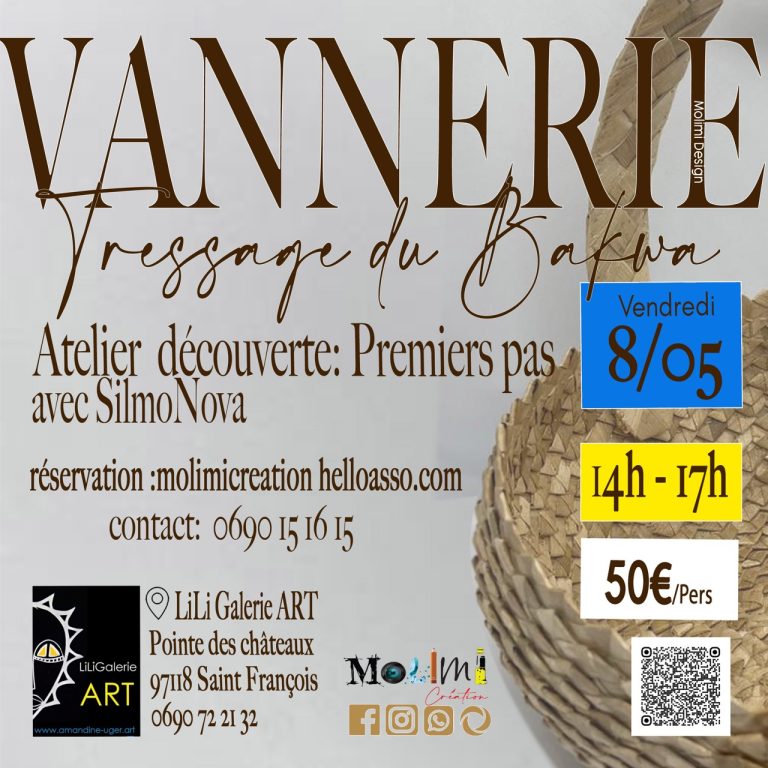 Atelier découverte vannerie et tressage du bakwa le 8 mai 2026 à Saint-François avec initiation aux premiers gestes artisanaux.