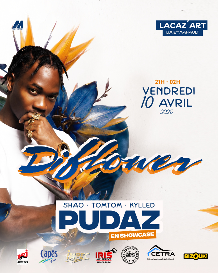 Showcase de Pudaz lors de la soirée Dikamer le 10 avril 2026 à LaCaz’Art à Baie-Mahault avec Shao, Tomtom et Kylled.
