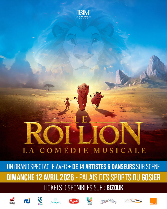 Spectacle Le Roi Lion – la comédie musicale le 12 avril 2026 au Palais des Sports du Gosier avec plus de 14 artistes et danseurs sur scène.