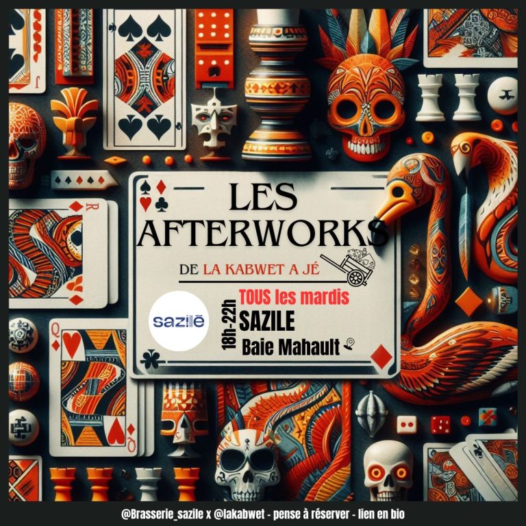 Afterworks Kabwet a Jé tous les mardis chez Sazié à Baie-Mahault de 18h à 22h avec ambiance conviviale, jeux et moments entre amis, sur réservation.