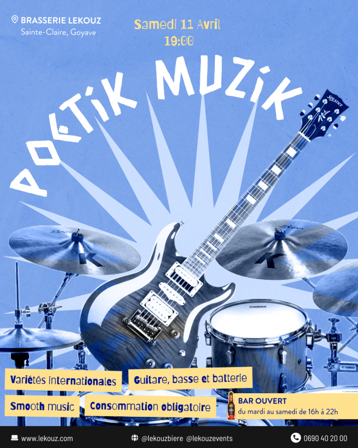 Soirée A Pò Titik Muzik le 11 avril 2026 à la Brasserie Lekouz à Sainte-Claire Goyave dès 19h avec musique live guitare basse batterie et variétés internationales.