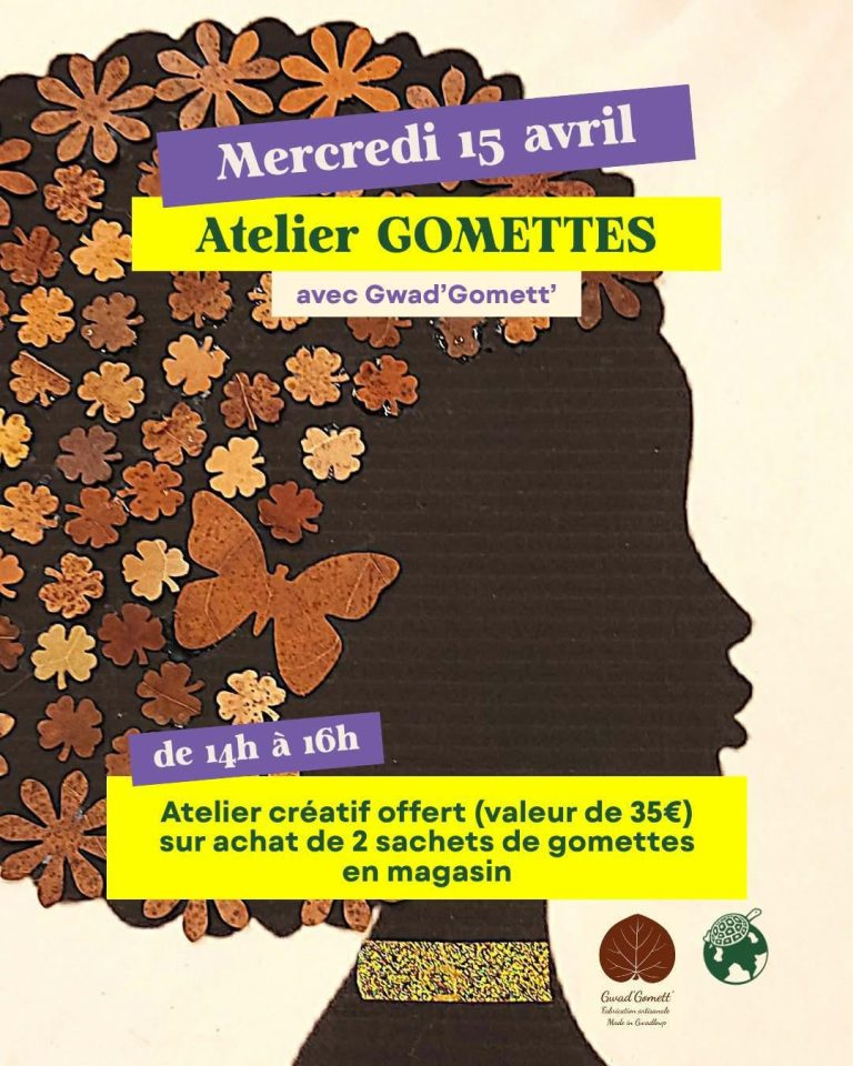 Atelier gommettes le 15 avril 2026 avec Gwad’Gomett de 14h à 16h avec activité créative offerte pour l’achat de 2 sachets de gommettes en magasin.