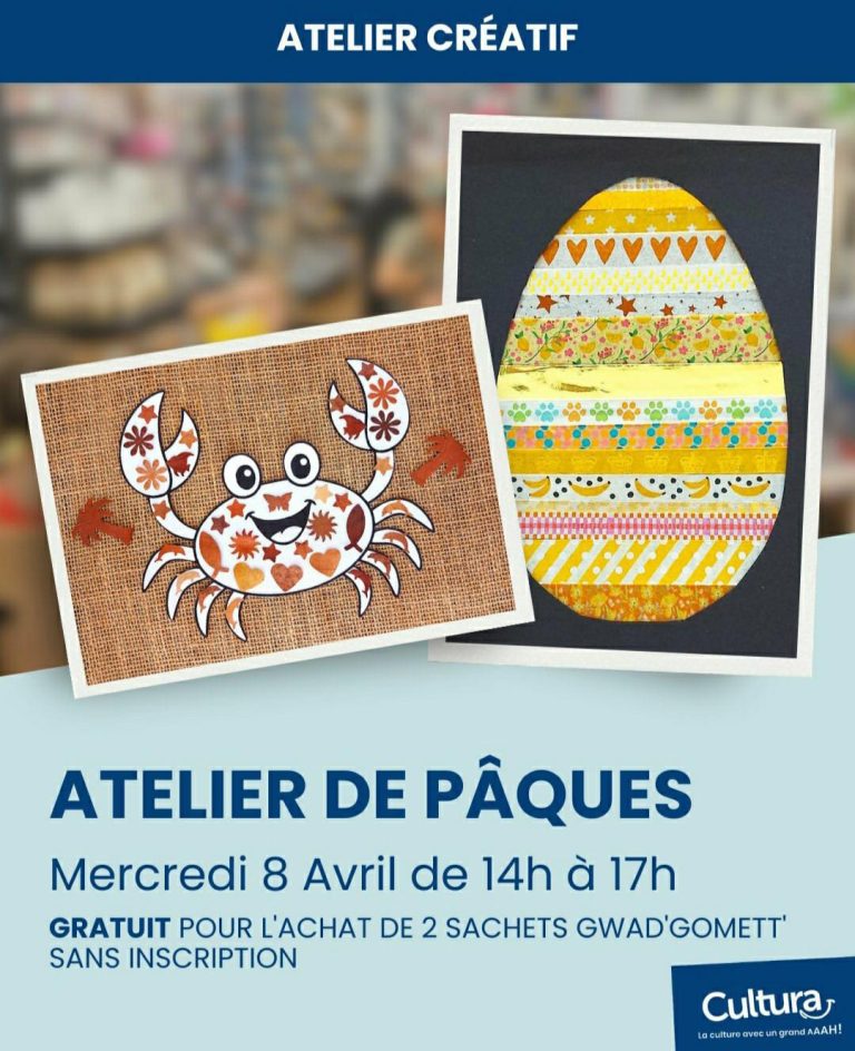 Atelier créatif de Pâques le 8 avril 2026 chez Cultura de 14h à 17h avec activités gommettes enfants, gratuit pour l’achat de 2 sachets Gwad’Gomett sans inscription.