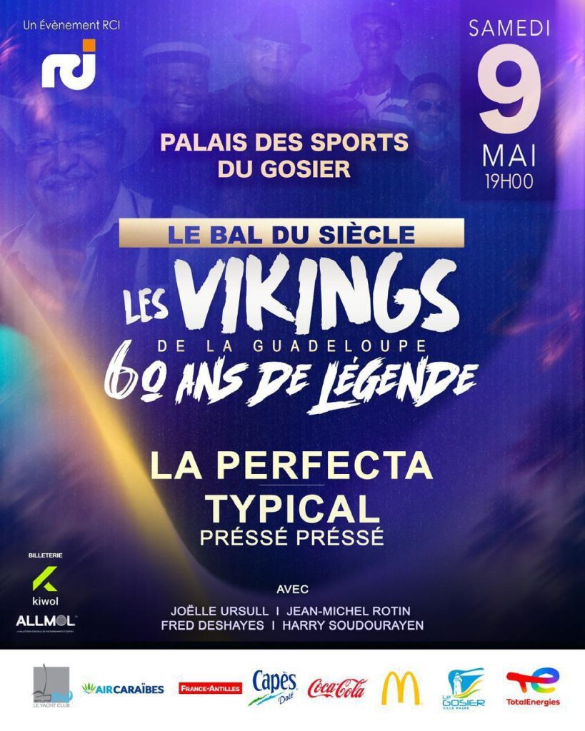Concert Les Vikings de la Guadeloupe – 60 ans de légende le 9 mai 2026 à 19h au Palais des Sports du Gosier avec La Perfecta, Typical Pressé Pressé et invités.