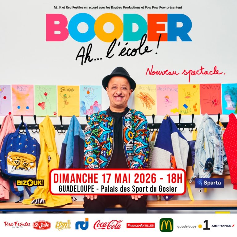 Spectacle Booder Ah l’école le 17 mai 2026 à 18h au Palais des Sports du Gosier en Guadeloupe, one man show humoristique.