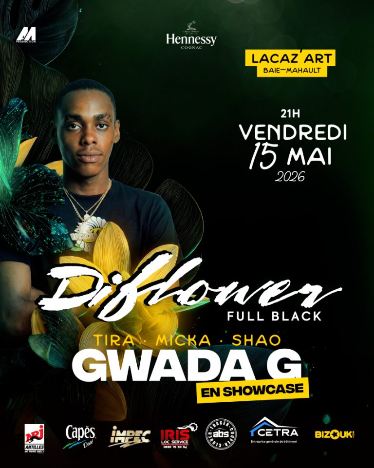 Soirée Diflower Full Black Hennessy avec Gwada G le 15 mai 2026 à Lacaz’Art à Baie-Mahault en Guadeloupe, showcase avec DJ Tira, Micka et Shao à partir de 21h.