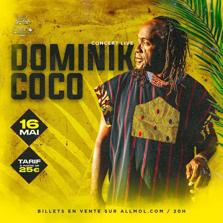 Concert Dominik Coco le 16 mai 2026 au Casino du Gosier à 20h avec performance live et ambiance musicale caribéenne, billets à partir de 25 euros.