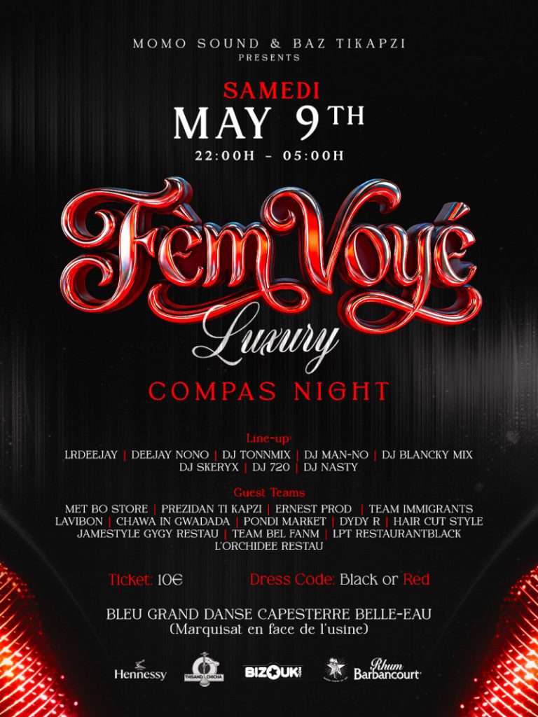 Soirée Fem Voyé Luxury Compas Night le 9 mai 2026 de 22h à 5h au Bleu Grand Danse à Capesterre-Belle-Eau en Guadeloupe avec DJs et ambiance compas.