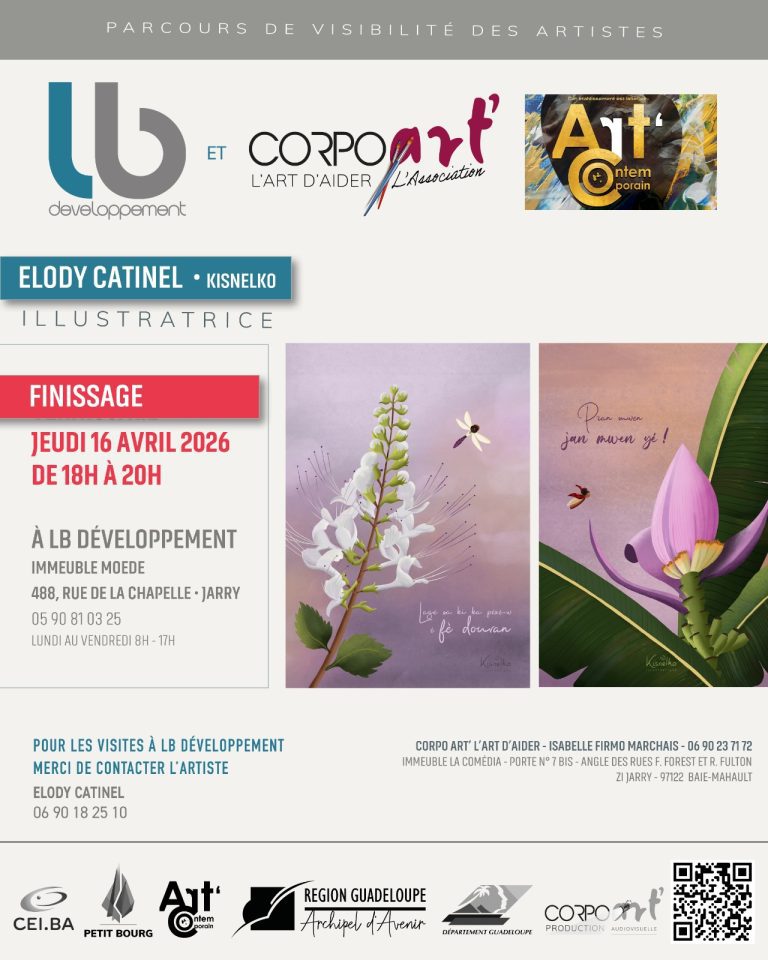 Finissage de l’exposition d’Elody Catinel illustratrice le 16 avril 2026 de 18h à 20h à LB Développement à Baie-Mahault, parcours d’artistes en Guadeloupe.