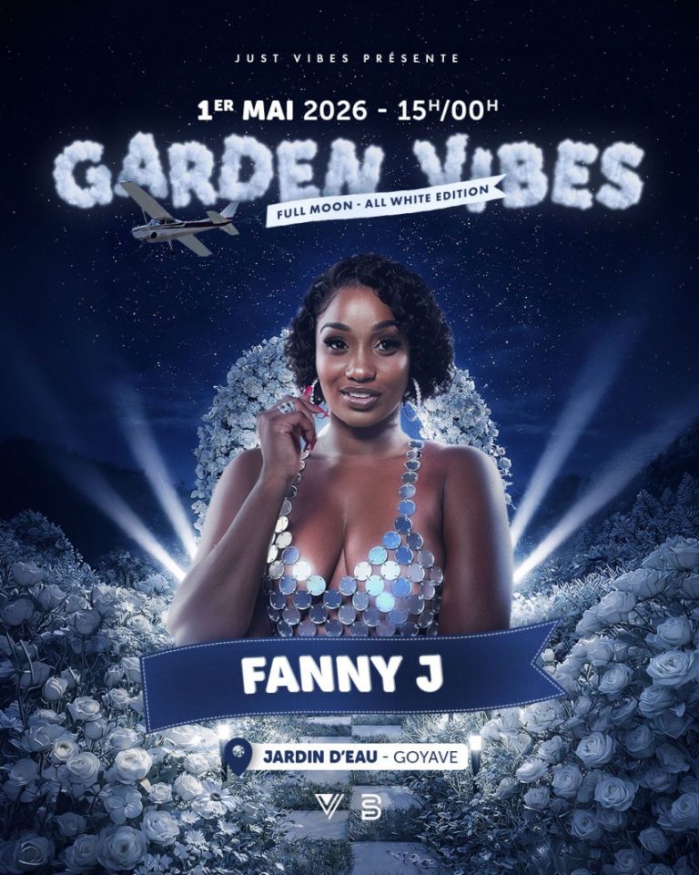 Garden Vibes Full Moon All White Edition avec Fanny J le 1er mai 2026 à 15h au Jardin d’Eau à Goyave en Guadeloupe, événement festif en extérieur.