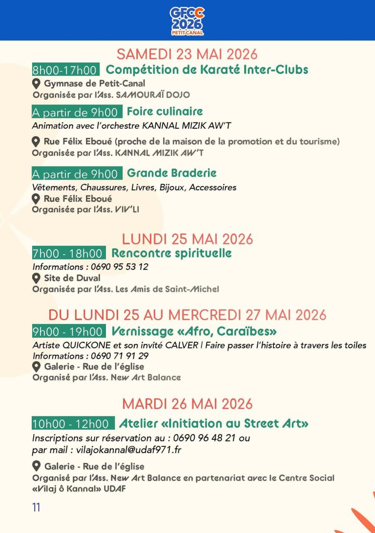 Grand Festival Culturel Canalian 2026 à Petit-Canal du 1er au 27 mai, événements culturels et festifs avec animations, spectacles et programmation accessible via QR code.