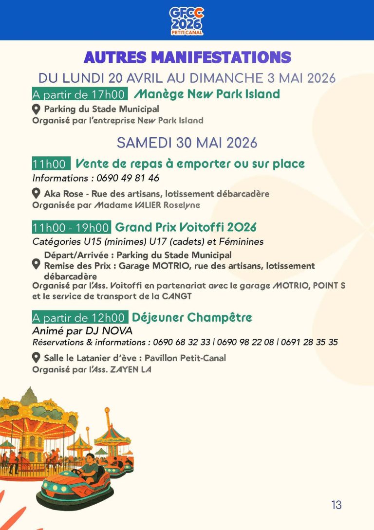 Grand Festival Culturel Canalian 2026 à Petit-Canal du 1er au 27 mai, événements culturels et festifs avec animations, spectacles et programmation accessible via QR code.