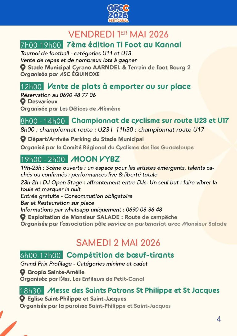 Grand Festival Culturel Canalian 2026 à Petit-Canal du 1er au 27 mai, événements culturels et festifs avec animations, spectacles et programmation accessible via QR code.