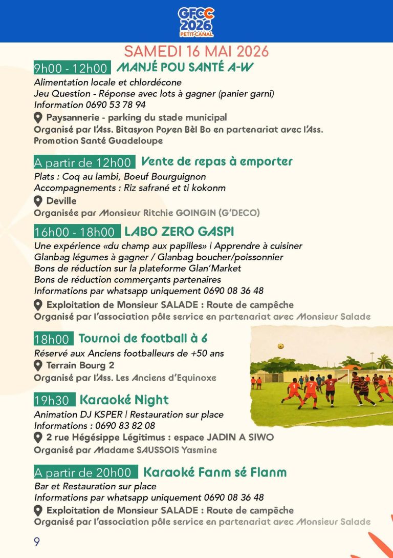 Grand Festival Culturel Canalian 2026 à Petit-Canal du 1er au 27 mai, événements culturels et festifs avec animations, spectacles et programmation accessible via QR code.