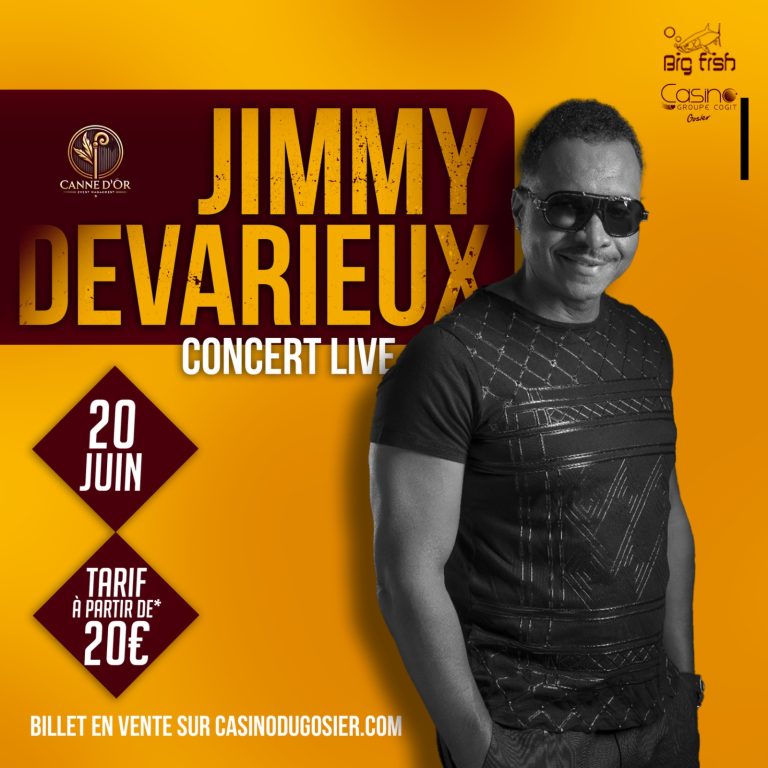 Concert Jimmy Devarieux le 20 juin 2026 au Casino du Gosier avec performance live, billets à partir de 20 euros.