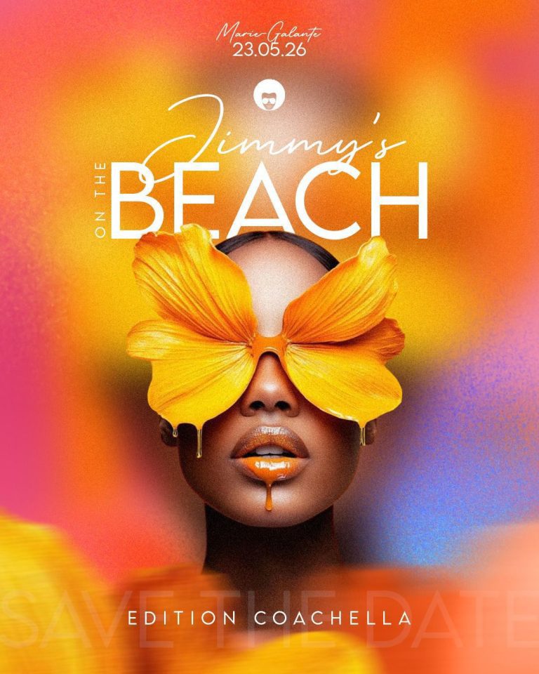 Soirée Jimmy’s on the Beach le 23 mai 2026 à Marie-Galante, édition Coachella avec ambiance festive en bord de mer et univers artistique et coloré.