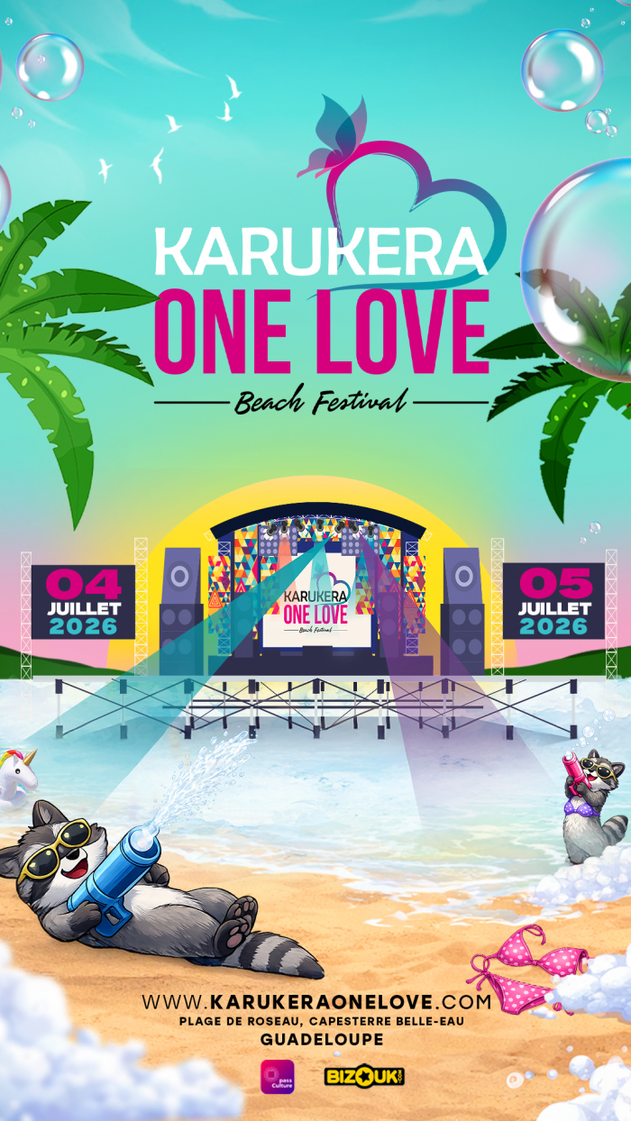 Karukera One Love Beach Festival les 4 et 5 juillet 2026 à la plage de Roseau à Capesterre Belle-Eau en Guadeloupe avec concerts, scène en bord de mer et ambiance festive.