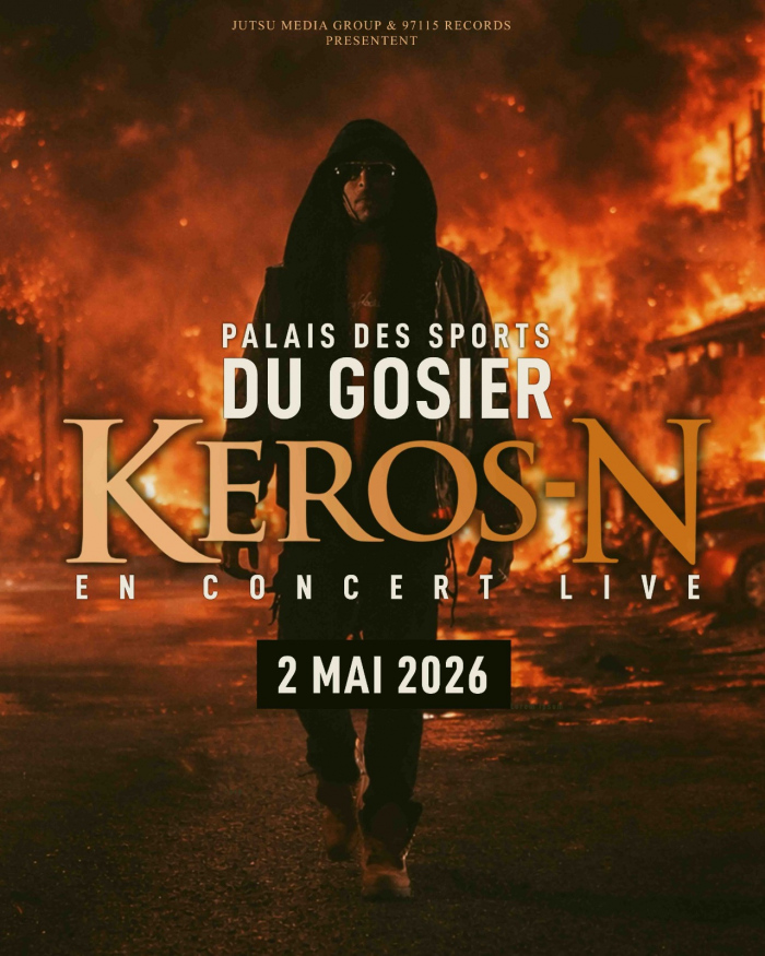 Concert Keros N le 2 mai 2026 au Palais des Sports du Gosier avec performance live et ambiance urbaine.