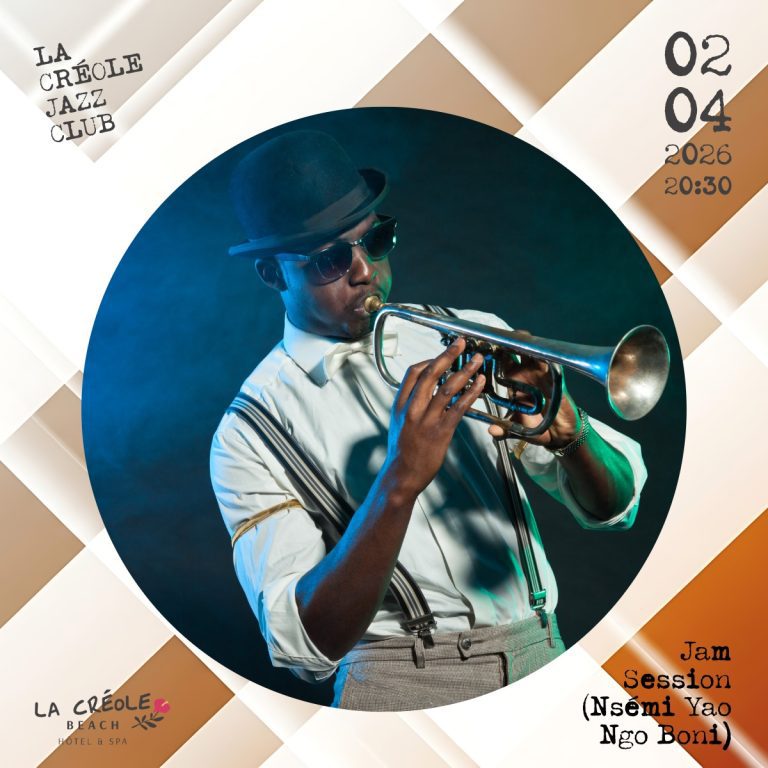 Jam session La Créole Jazz Club le 2 avril 2026 à La Créole Beach Hôtel & Spa au Gosier avec Nsèmi Yao et Ngo Boni en live à 20h30.