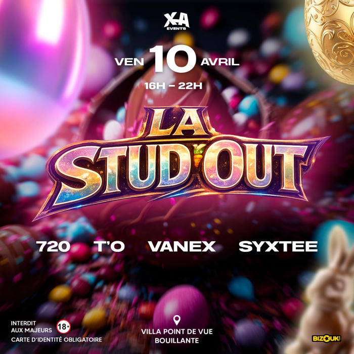 Soirée La Stud Out le 10 avril 2026 à la Villa Point de Vue à Bouillante de 16h à 22h avec plusieurs DJs et ambiance festive.