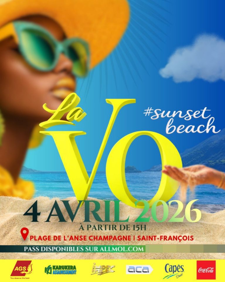Événement La Vo Sunset Beach le 4 avril 2026 à la plage de l’Anse Champagne à Saint-François à partir de 15h avec ambiance plage et sunset.