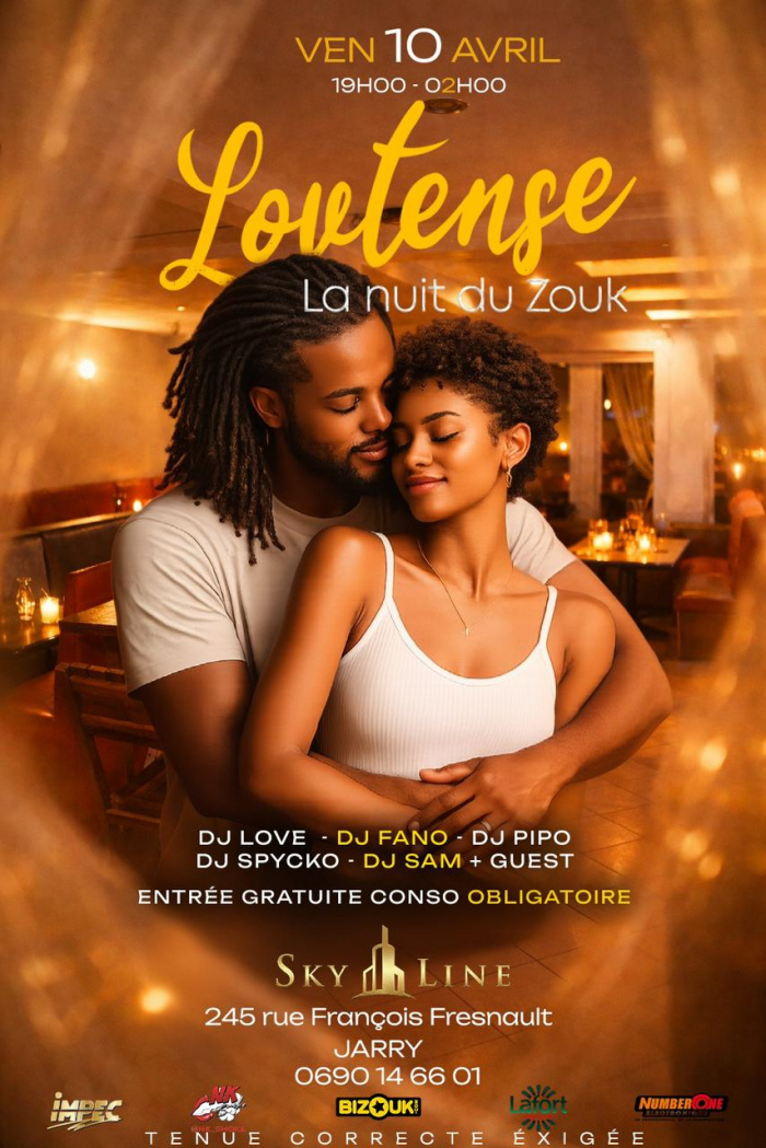 Soirée Loutense la nuit du zouk le 10 avril 2026 au Skyline à Jarry Baie-Mahault de 19h à 2h avec plusieurs DJs et ambiance zouk.