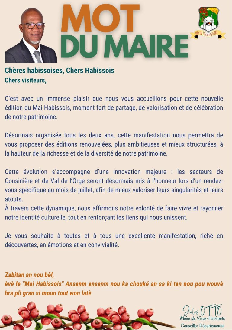 Mai Habissois 2026 du 1er au 30 mai à Vieux-Habitants en Guadeloupe, mois d’animations culturelles sportives et patrimoniales autour du café traditions mémoire et territoire.