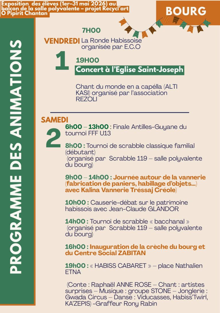 Mai Habissois 2026 du 1er au 30 mai à Vieux-Habitants en Guadeloupe, mois d’animations culturelles sportives et patrimoniales autour du café traditions mémoire et territoire.