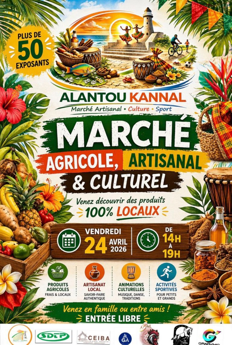 Marché agricole, artisanal et culturel Alantou Kannal le 24 avril 2026 de 14h à 19h en Guadeloupe avec produits locaux, artisanat, animations culturelles et activités sportives.