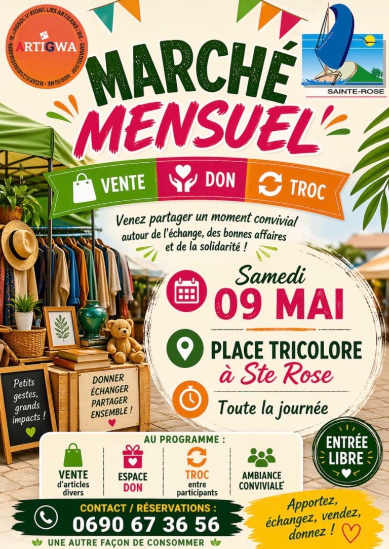 Marché mensuel Artigwa le 9 mai 2026 à la Place Tricolore à Sainte-Rose avec vente, don et troc toute la journée dans une ambiance conviviale et solidaire, entrée libre.