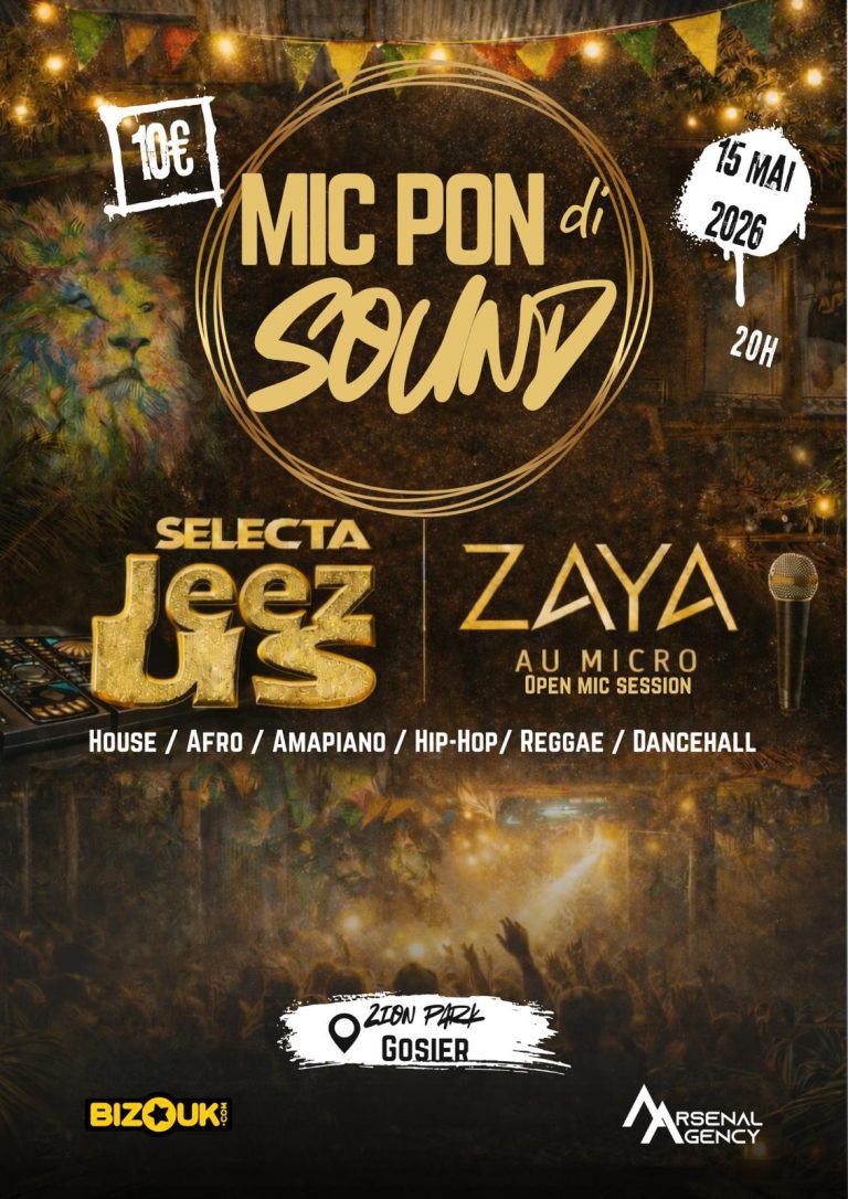 Soirée Mic Pon di Sound le 15 mai 2026 à 20h à Zion Park au Gosier avec Selecta Jeez Us et Zaya en open mic, musique house afro amapiano hip-hop reggae dancehall en Guadeloupe.