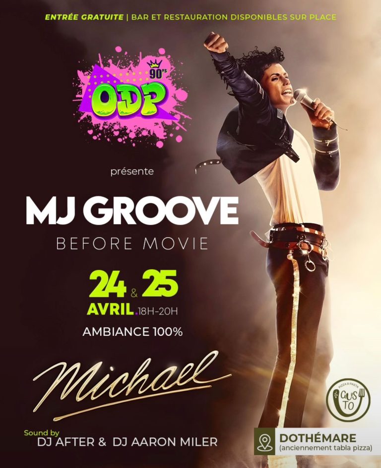 Soirée MJ Groove Before Movie les 24 et 25 avril 2026 de 18h à 20h à Dothémare en Guadeloupe, ambiance Michael Jackson avec DJ After et DJ Aaron Miler.