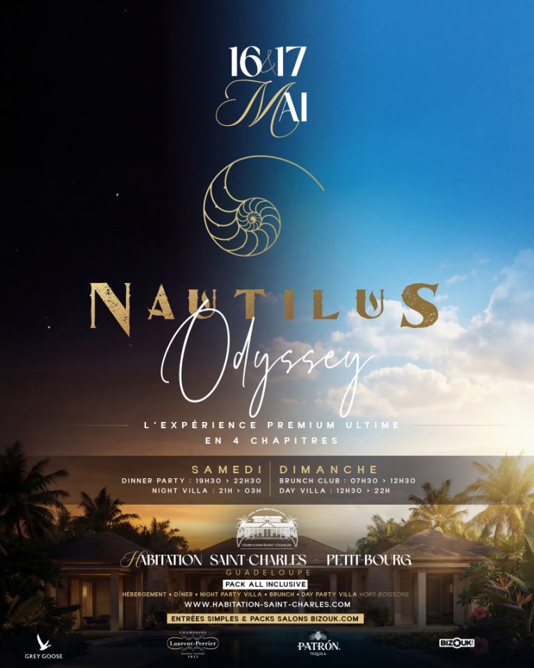 Événement Nautilus Odyssey les 16 et 17 mai 2026 à l’Habitation Saint-Charles à Petit-Bourg en Guadeloupe, expérience premium avec dîner, night party, brunch et day party.