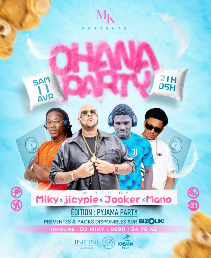 Soirée Ohana Party édition pyjama le 11 avril 2026 au Gosier de 21h à 5h avec plusieurs DJs et ambiance festive.