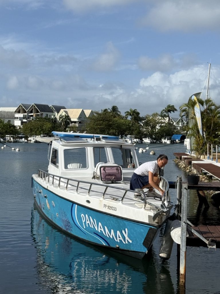Excursion Panamax Excursions au départ de la marina du Gosier en Guadeloupe, journée en bateau vers le Grand Cul-de-Sac Marin à Sainte-Rose, activité nautique avec découverte du lagon et des paysages tropicaux.