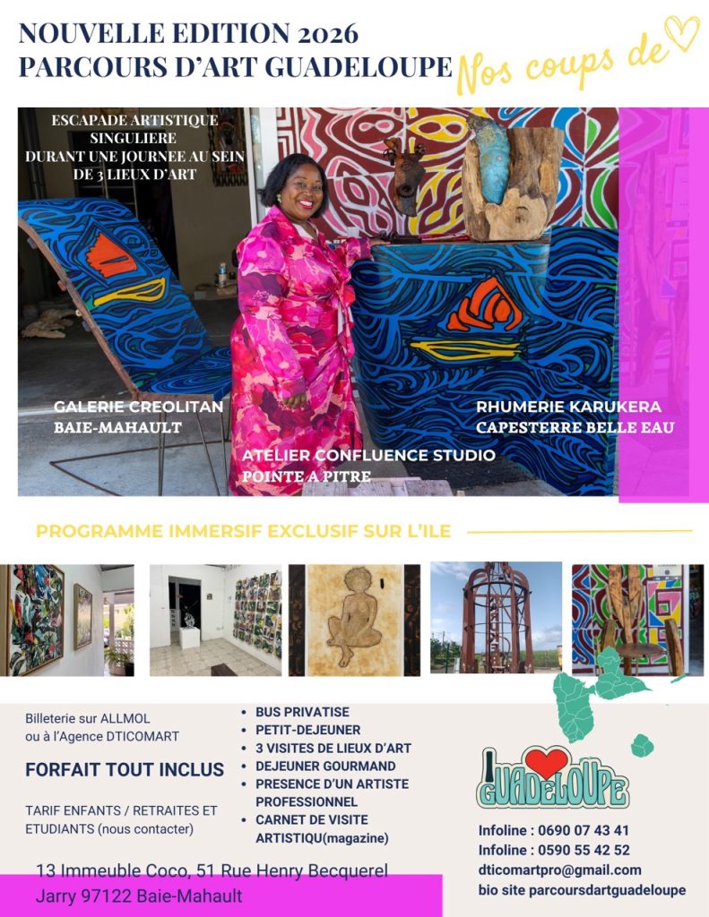 Circuit Parcours d’Art Guadeloupe le 17 juin 2026 au départ de Jarry avec visites Creolitan Galerie Baie-Mahault, Confluence Studio Pointe-à-Pitre et Rhumerie Karukera Capesterre-Belle-Eau, immersion artistique et déjeuner inclus.