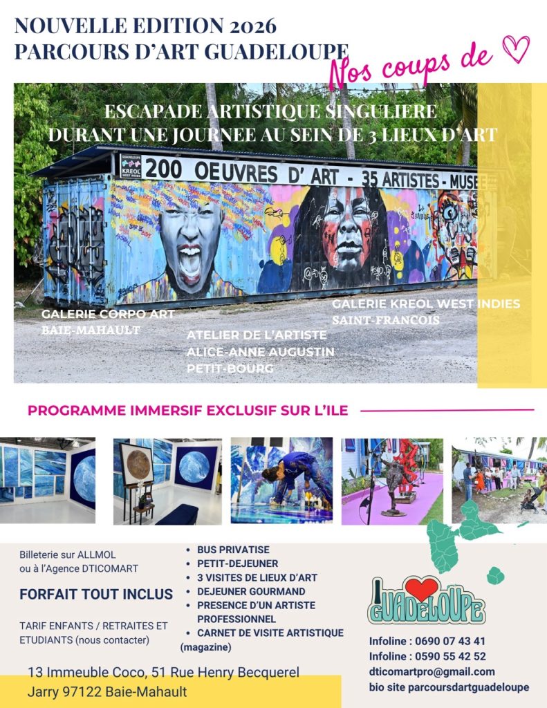 Circuit Parcours d’Art Guadeloupe le 21 mai 2026 au départ de Jarry avec visites Galerie Corpo Art Baie-Mahault, atelier Alice-Anne Augustin Petit-Bourg et Galerie Kreol West Indies Saint-François, journée immersive avec déjeuner inclus.