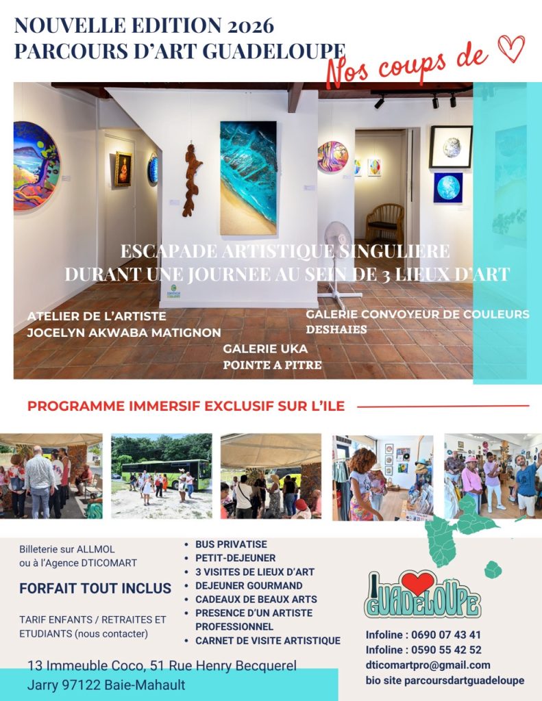 Circuit Parcours d’Art Guadeloupe le 9 juillet 2026 au départ de Jarry avec visite atelier Jocelyn Akwaba Matignon, Galerie UKA Pointe-à-Pitre et Galerie Convoyeur de Couleurs Deshaies, expérience artistique avec déjeuner en bord de mer inclus.