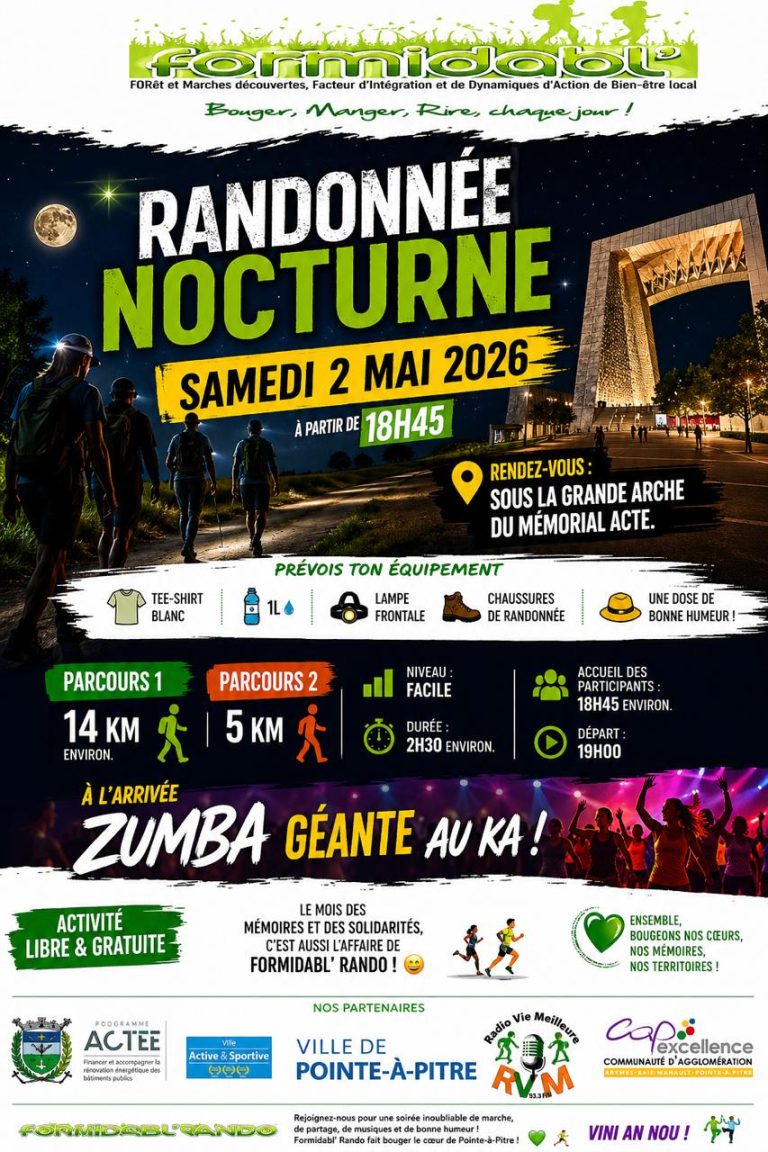 Randonnée nocturne le 2 mai 2026 à Pointe-à-Pitre en Guadeloupe au Mémorial ACTe, parcours de 5 km ou 14 km avec départ à 19h et zumba géante à l’arrivée, activité gratuite.