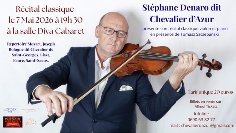 Récital classique de Stéphane Denaro le 7 mai 2026 à 19h30 à la salle Diva Cabaret avec violon et piano, répertoire Mozart, Liszt, Fauré en Guadeloupe.