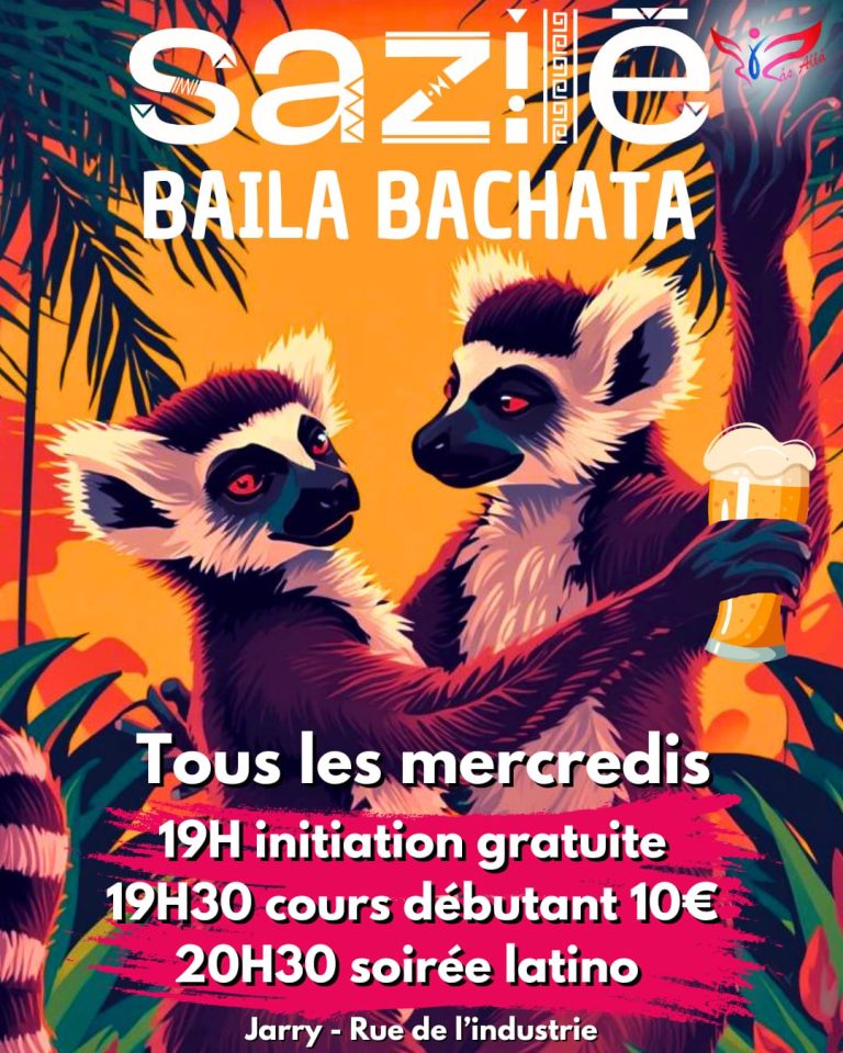 Soirée Sazié Baila Bachata tous les mercredis à Jarry rue de l’Industrie avec initiation gratuite à 19h, cours débutant à 19h30 et soirée latino à 20h30.
