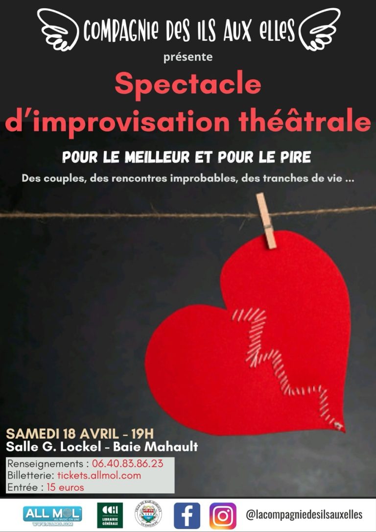 Spectacle d’improvisation théâtrale le 18 avril 2026 à la salle G. Lockel à Baie-Mahault à 19h avec la Compagnie des Ils aux Elles, scènes de couples et rencontres, entrée 15 euros.