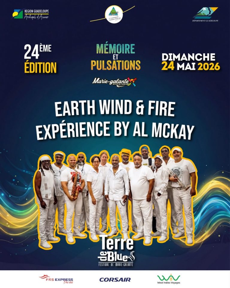 Affiche Terre de Blues 2026 avec Earth Wind & Fire Experience by Al McKay en concert le 24 mai à Marie-Galante en Guadeloupe, festival musique thème mémoire et pulsations.