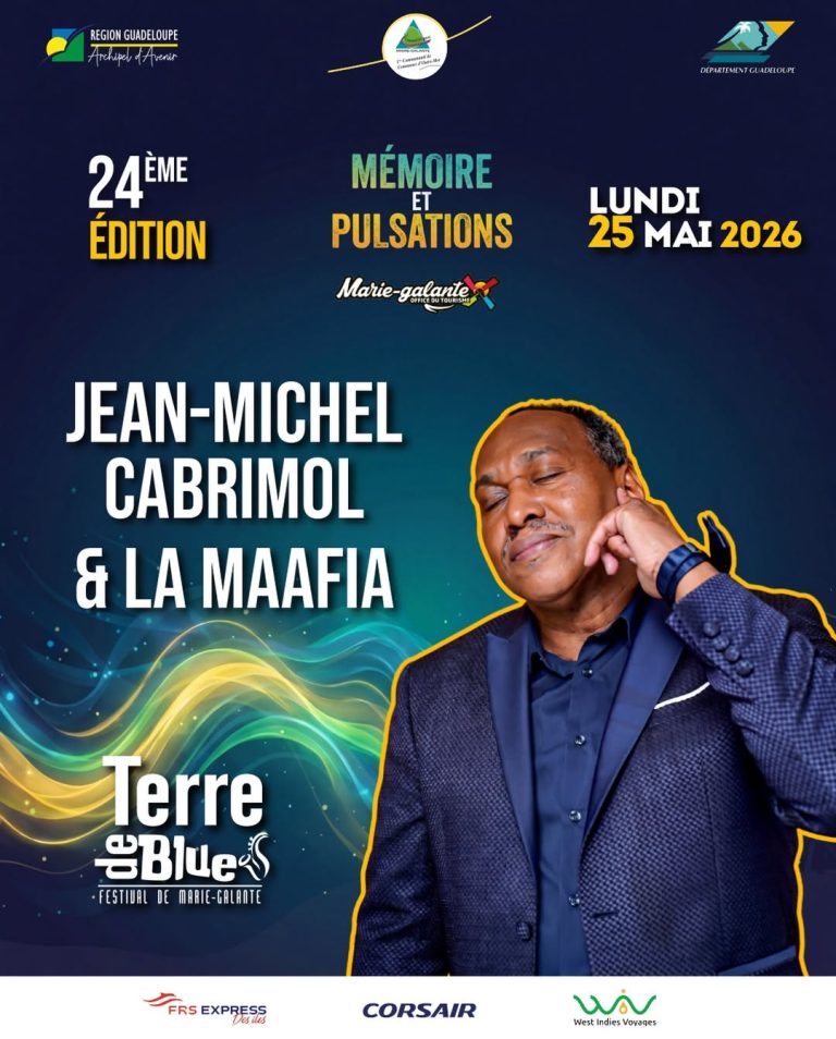 Affiche Terre de Blues 2026 avec Jean-Michel Cabrimol & La Maafia en concert le 25 mai à Marie-Galante en Guadeloupe, 24ème édition du festival thème mémoire et pulsations.