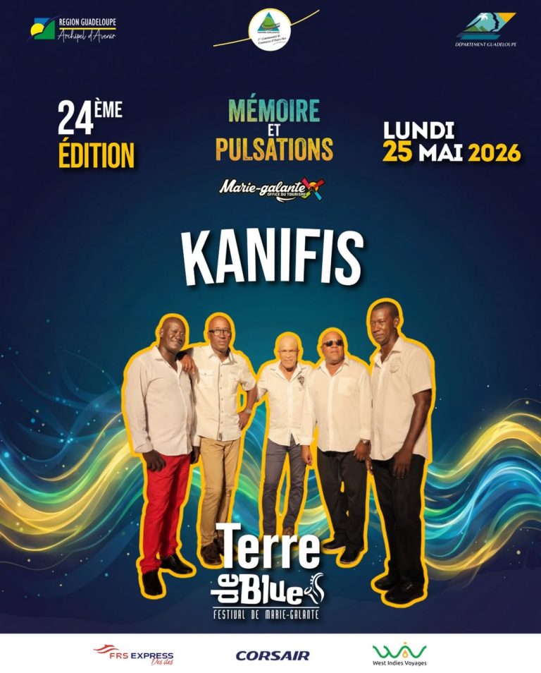 Affiche Terre de Blues 2026 avec Kanifis en concert le 25 mai à Marie-Galante en Guadeloupe, 24ème édition du festival thème mémoire et pulsations.