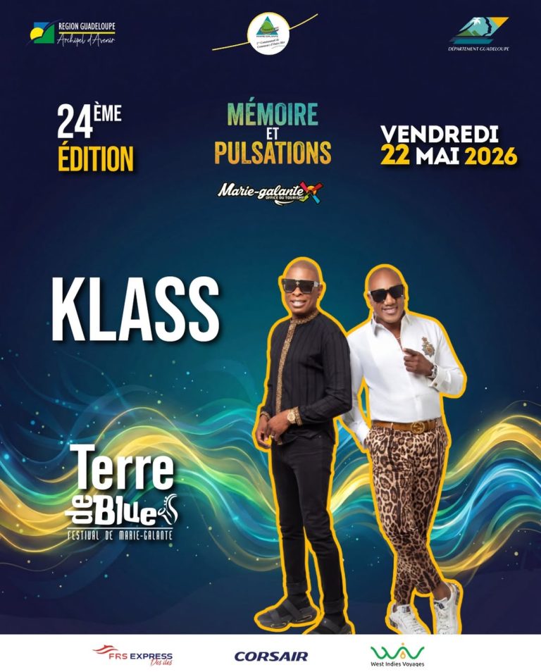 Affiche Terre de Blues 2026 avec le groupe Klass en concert le 22 mai à Marie-Galante en Guadeloupe, 24ème édition thème mémoire et pulsations.