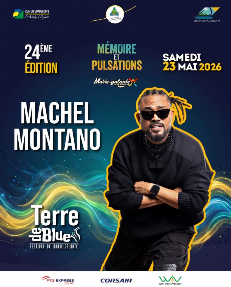 Affiche Terre de Blues 2026 avec Machel Montano en concert le 23 mai à Marie-Galante en Guadeloupe, 24ème édition thème mémoire et pulsations.