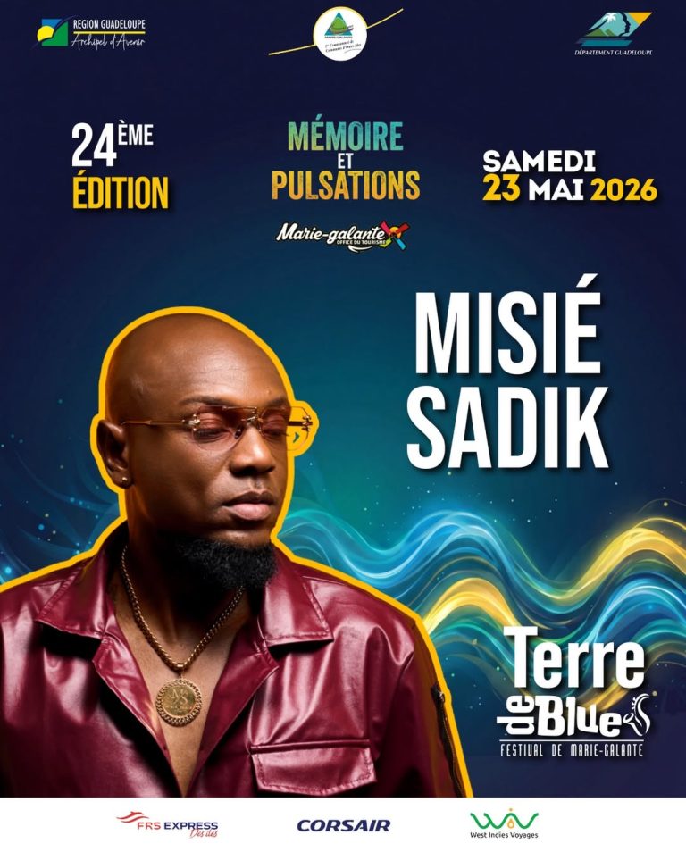 Affiche Terre de Blues 2026 avec Misié Sadik en concert le 23 mai à Marie-Galante en Guadeloupe, 24ème édition thème mémoire et pulsations.