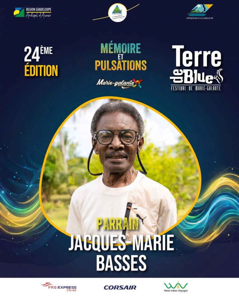 Affiche Terre de Blues 2026 en Guadeloupe avec Jacques-Marie Basses parrain du festival à Marie-Galante, 24ème édition autour du thème mémoire et pulsations.